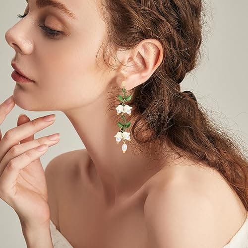 NEWITIN 3 Pairs Flower Clip On Earrings for Women Hypoallergenic Earring Pearl Leaf Floral Tassel Earring Non Piercing Clip on Long Flower Dangle Earrings for Women thumbnail 6