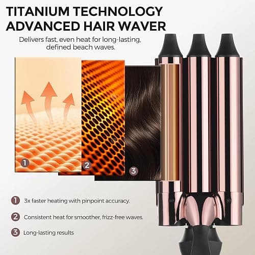Rozamor 3 Barrel Curling Iron Hair Crimper for Beach Waves, 1” Titanium Hair Waver with 5 Heat Settings, Dual Voltage Crimper for All Hair Types, Fast Heating Triple Barrel Curling Wand - Black thumbnail 3