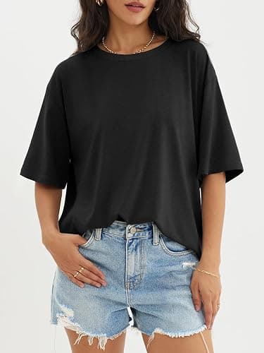 ATHMILE Womens Oversized T Shirts Loose Fit Crewneck Short Sleeve Tops Summer Casual Blouse Y2K 2025 Basic Tee Beach - Small - Black thumbnail 5