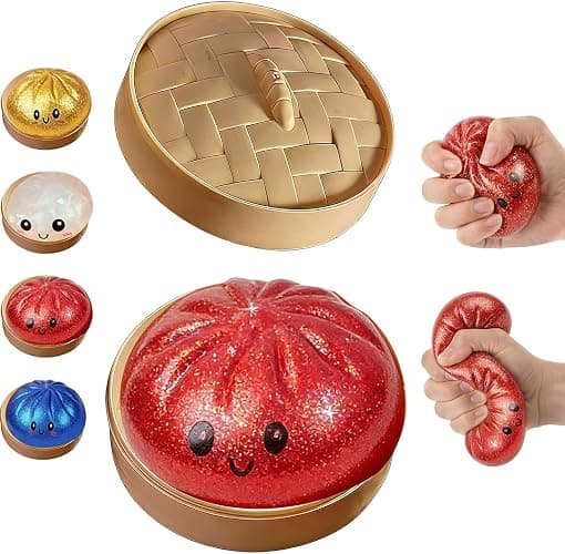 Glitter Dumpling Squishy Box, Dumpling Squishies, Sensory Squeeze Toy for Stress Relief, Soft Decompression Dough for Adults Office and Home Use (Red Emoji bun) - Image 1