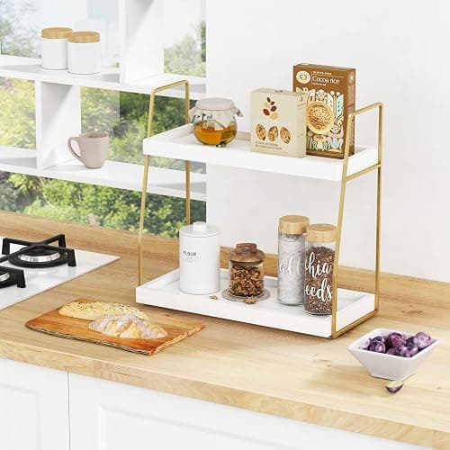 Forbena Bathroom Organizer Countertop, Counter Organizer for Bathroom Decor, Wooden Sink Shelf for Vanity Storage, Makeup Tray for Perfume Skincare Bedroom Kitchen Corner (2 Tier, White and Gold) thumbnail 3