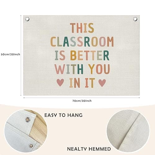 QROZIAR Boho Classroom Decor for Teacher, Cute Neutral Classroom Must Haves Wall Decor, Welcome Sign Canvas Banner Wall Hanging Banner Flag, Back To School Wall Flags for Nursery Classroom Teacher, This Classroom Is Better With You In It 30x20 inchs thumbnail 2