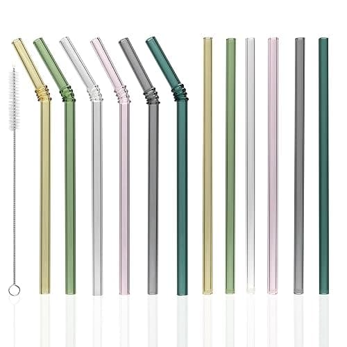 FBAJOJO, coloured glass straws, 8 inch long, 8 mm diameter, 12 wear resistant heat resistant straws, with 4 straw cleaning brushes, 6 straight, 6 curved design - Image 1