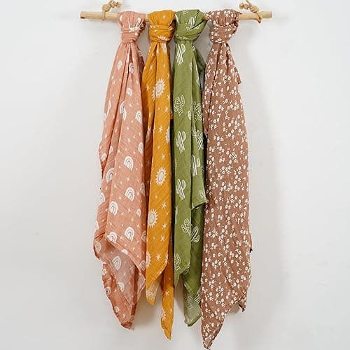 CoolaPeach 4 Set Muslin Swaddle Blankets for Newborn Baby Boys, Girls,Receiving Blankets-Cute Soft Print Baby Towel Wrap 120x110cm Baby(Cactus) - Cactus thumbnail 5