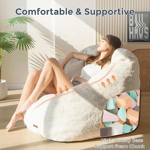 MAXYOYO Giant Bean Bag Chair for Adults, Oversized Shell Shape Bean Bag | Faux Fur Large Chair with Filler, Stuffed Big Lounge Floor Sofa for Bedroom Living Room Reading, Beige thumbnail 4