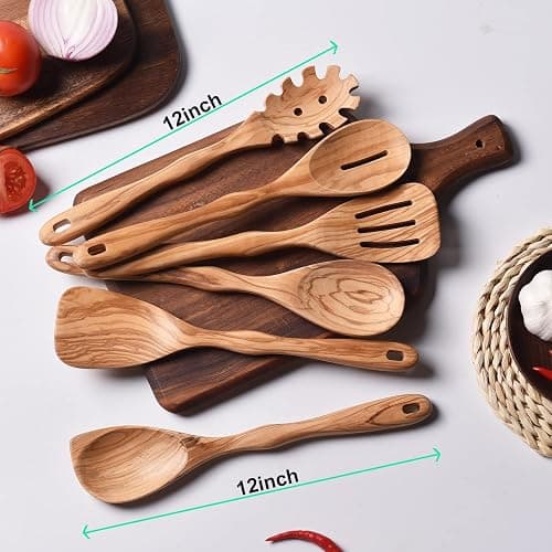 Olive Wooden Utensils for Cooking, Long Handle Wooden Spoons for Cooking, 6 PCES Crafting Wooden Spoon Set, Wooden Kitchen Utensil set, Natural Olive Wood utensil Set thumbnail 3