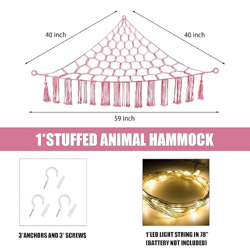 CERETIA Hammock for Stuffed Animals with LED Light, Kids Room Decor Corner, Pink thumbnail 3