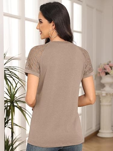 AUTOMET Women's Lace Short Sleeve Business Casual Top, Blouse with Unique Front Seam Detail Shirts thumbnail 5