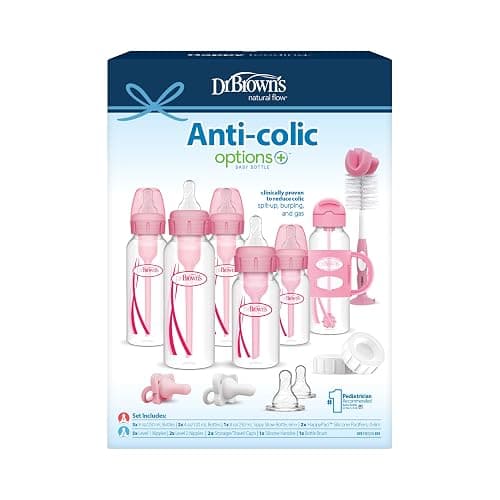 Dr. Brown's Anti-Colic Options+ Narrow Bottle Gift Set with Sippy Straw Bottle, HappyPaci Silicone Pacifiers, Storage/Travel Caps, and Bottle Brush, Pink thumbnail 7