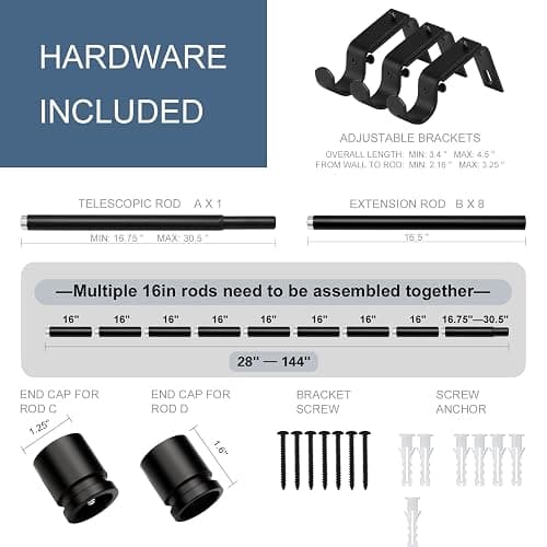 Byondeth Latest Curtain Rods for Windows 28 to 144 Inches Length Adjustable 1 Inch Diameter Window Heavy Duty Curtain Rod with Aluminium Finials Set for Outdoor, Farmhouse, Bedroom, Living Room, Black thumbnail 2