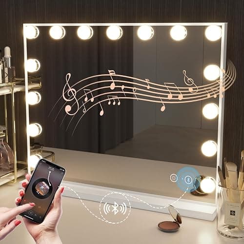 Hansong Bluetooth Vanity Mirror with Lights Hollywood Makeup Mirror with 15 LED Bulbs Lighted Vanity Mirror with Bluetooth 3 Lighting Modes White - Image 1