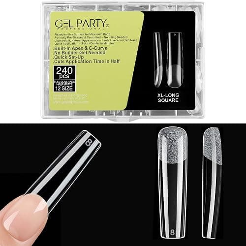 GELPARTY XL Long Square Nail Tips – 240pcs Clear ABS Full Cover Tips, 12 Sizes, Extra Long Straight Square False Nails for Acrylic & Gel Extensions, Nail Salons & DIY - Image 1