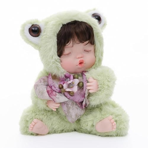 Reborn Baby Doll 10 Inch – Realistic Vinyl Sleeping Girl in Soft Green Frog Outfit – Comfort Doll Gift for Girls & Collectors thumbnail 3