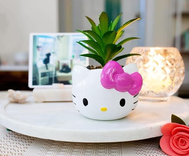 Silver Buffalo Sanrio Hello Kitty Face 3-Inch Ceramic Mini Planter with Artificial Succulent thumbnail 2