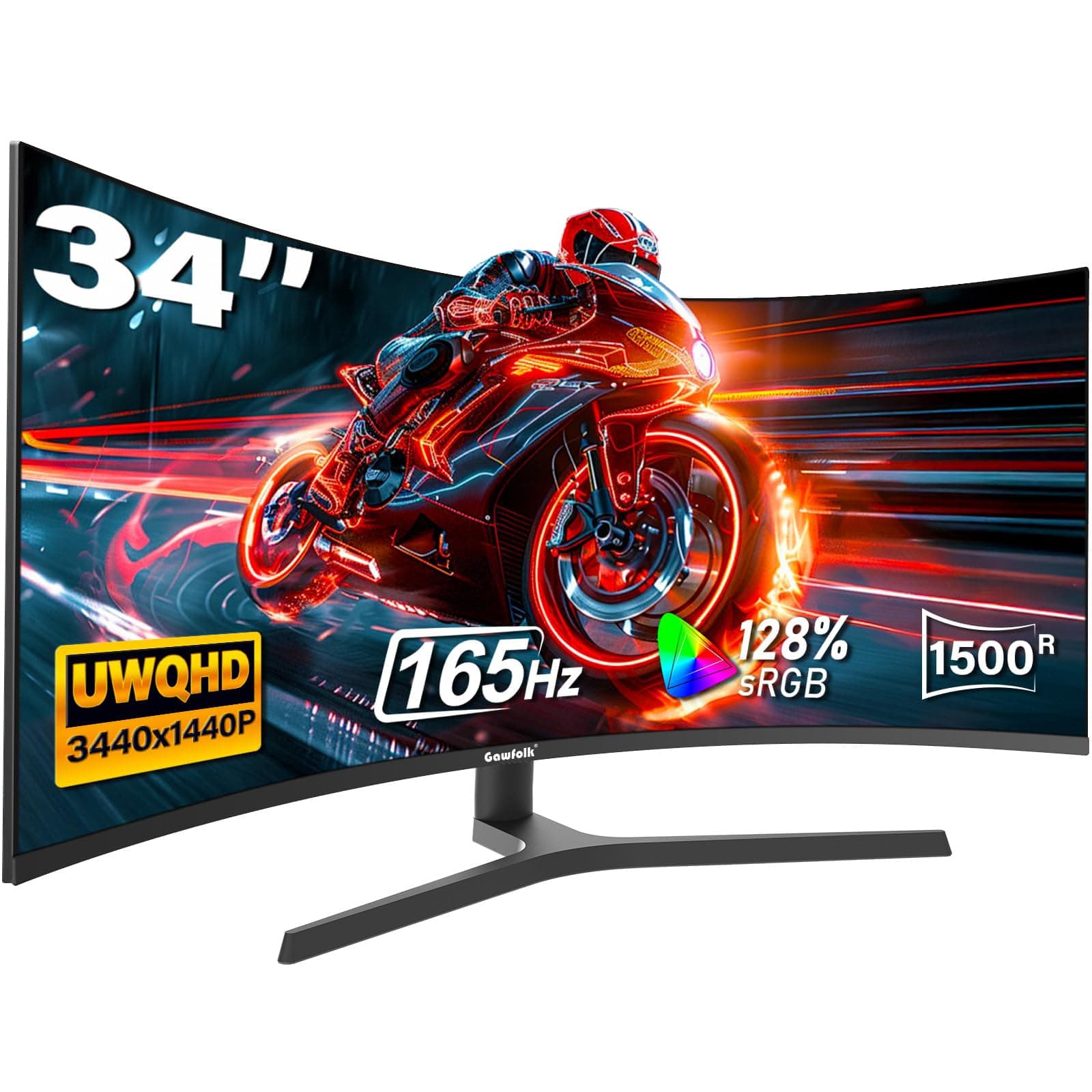 Gawfolk 34 inch Curved ultrawide Gaming Monitor, UWQHD 3440x1440, 1500R Curvature 165hz Refresh Rate Curved Computer Screen with FreeSync and Eye Care Technology, Liftable Stand - Image 1
