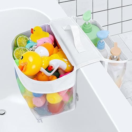 Dreamtop Saddle Shape 2 Compartment Bath Toy Storage Net, Bathroom Toy Storage Tidy, Mesh Bath Toy Organizer with Zipper for Drying Toys and Storage, Kids Bath Toy Organizer Bath Toy Net for Tub - Image 1