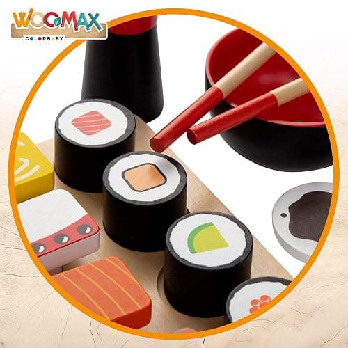 WOOMAX Sushi Cibo in legno, Giocattoli alimentari, vassoio per pasti per bambini, 14 pezzi, +2 anni, 49336 thumbnail 3