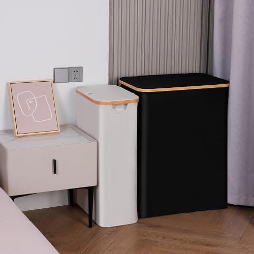 efluky Slim Laundry Basket with Lid, Narrow Laundry Hamper with Removable Bag, Skinny Dirty Clothes Basket with Bamboo Handles for Bathroom, Bedroom & Laundry Room, 75L Light Grey thumbnail 6