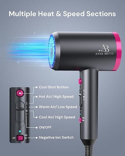 ANNE BETTY Hair Dryer with Diffuser for Curly Hair, 1800W Ionic Blow Dryer for Women & Men, Fast-Drying, Lightweight, Low Noise, Hair Care Styling Tool for Home, Travel thumbnail 7