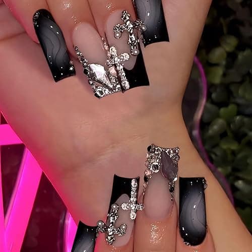 LunarCharm 24 Stück Aufdrücknägel, lang, quadratisch, schwarz, Ombre-Kunstnägel mit Kreuzanhänger-Design, glänzend, vollständige Abdeckung, schwarze künstliche falsche Nägel thumbnail 6