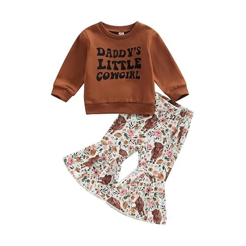 Karuedoo Toddler Baby Girl Western Outfit Letter Print Crewneck Sweatshirt Top Cow Flared Pants Set 2PCS Fall Winter Outfits - Image 1