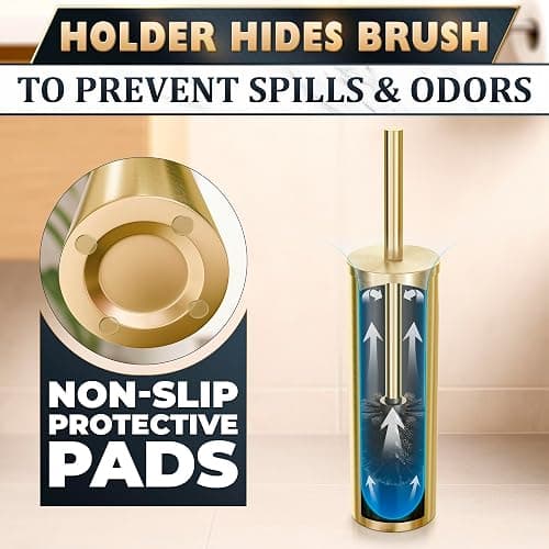 Gold Toilet Brush and Holder Set - Brushed Stainless Steel Gold Toilet Bowl Brush and Holder with Replaceable Head, Removable Inner Bowl, and Splash Protection - Dense Bristles for Thorough Cleaning thumbnail 5