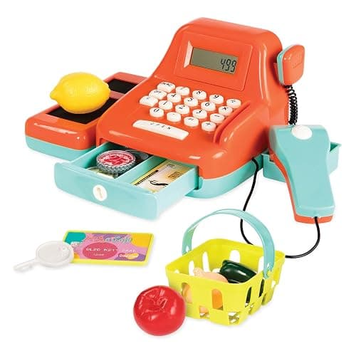 Battat - Interactive Kids Cash Register with Scanner & Sounds - 26-Piece Pretend Play Shopping Set with Light-Up Scanner, Play Money & Card - Educational Toy for Learning & Fun - Ages 3+ - Image 1