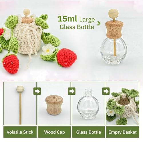 Crochet Car Air Freshener, 15ml Empty Refillable Oil Diffuser Bottle with Hanging Crochet Strawberry Plant for Car Rearview Mirror Air Freshener Diffuser for Home, and Office Decor thumbnail 4
