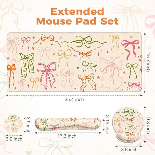 iLeadon Desk Protector Mat, Non Slip Long Mouse Pad and Keyboard Wrist Rest, Carpal Tunnel Mouse Pad and Computer Wrist Support, Soft Ergonomic Keyboard Pad with Wrist Support for Women Office (Bow) thumbnail 2