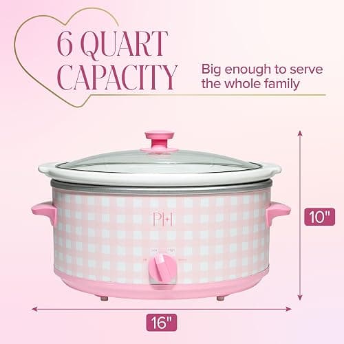 Paris Hilton 6-Quart Manual Slow Cooker, Features Three Settings (Low, High, Warm), Naturally Nonstick and Dishwasher Safe Stoneware Insert, Family Sized Capacity, Gingham Pink thumbnail 2