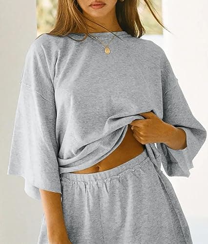 Tankaneo Womens Pajama Sets 3/4 Sleeve Oversized Tops and Elastic Waist Shorts Lounge Sets Loungewear thumbnail 4