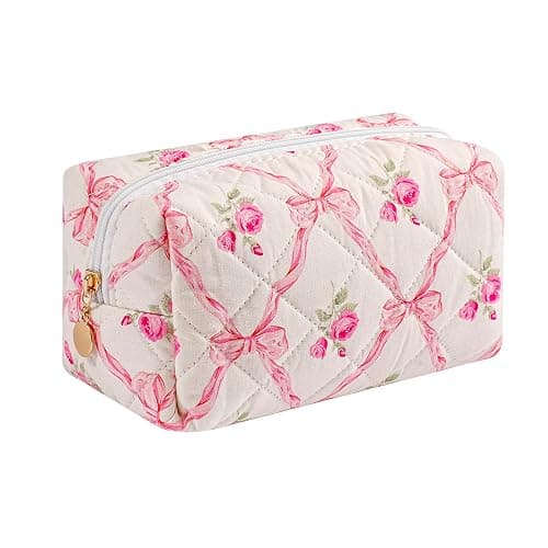 HHQQWZ Travel Makeup Bag, Cosmetic Bag for Women Girls, Floral Flowers Toiletry Organizer, Portable Storage Bag, Pink Bowknot/Gold Zipper - Image 1