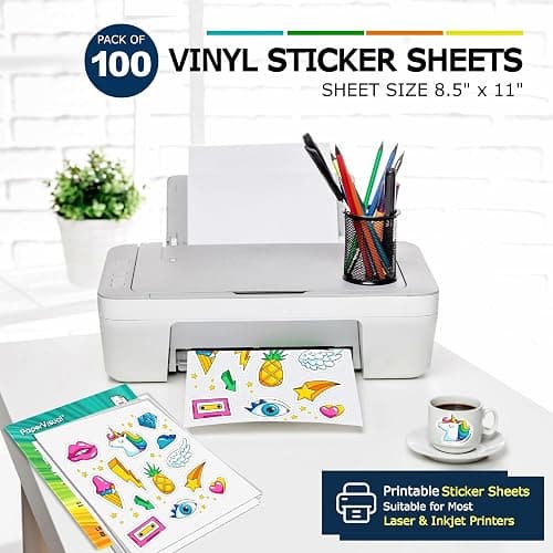 Premium Printable Vinyl Sticker Paper for Inkjet and Laser Printer - 100 White Matte Sticker Paper Waterproof - Excellent Adhesion Paper 8.5 x 11, Fast Dry, Holds Ink Well, Great for Cutting Machines thumbnail 5