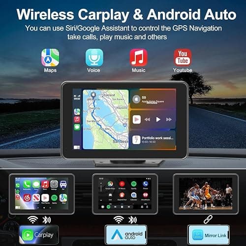 FUNAURORE Wireless CarPlay Screen for Car, 7" Android Auto, Backup Camera | Backup camera with night vision, Bluetooth audio, Mirror link, GPS navigation, Voice control, Portable, Fit all vehicles thumbnail 2
