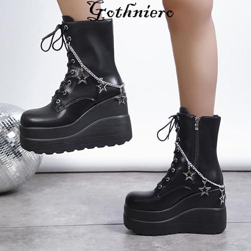 Gothniero Platform Goth Ankle Boots for Womem Black Holographic Combat Chunky Heel Boots with Side Zip Lace Up Wedge Booties US5.5-11 thumbnail 3