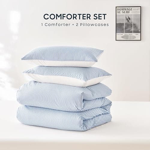 Wake In Cloud - Striped Comforter Set, Ticking Stripe Vertical Pinstripe Neutral Farmhouse Pattern Printed, Soft Lightweight Bedding, 3 Pieces, Blue White, Queen Size thumbnail 2