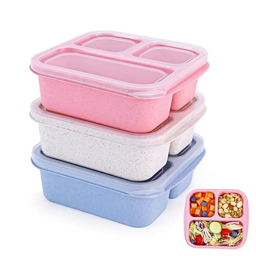 Rinwoc Bento Box [Portion Size], 3 Pack Snack Containers with 3 Compartments for Meal Prep & On-the-Go [School, Travel], Lunchable Container Reusable and BPA-Free - Image 1