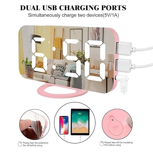 Lamisola Pink Digital Alarm Clock for Girls, Large LED Mirror Desk Clock, 2 USB Charging Ports, Nightstand Table Aesthetic Sleek Clocks Decor for Bedroom Office, Pink thumbnail 5