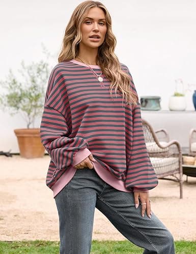 UEU Women Oversized Striped Crewneck Sweatshirt Long Sleeve Color Block Pullover Tops Casual Loose Workout Shirt thumbnail 3