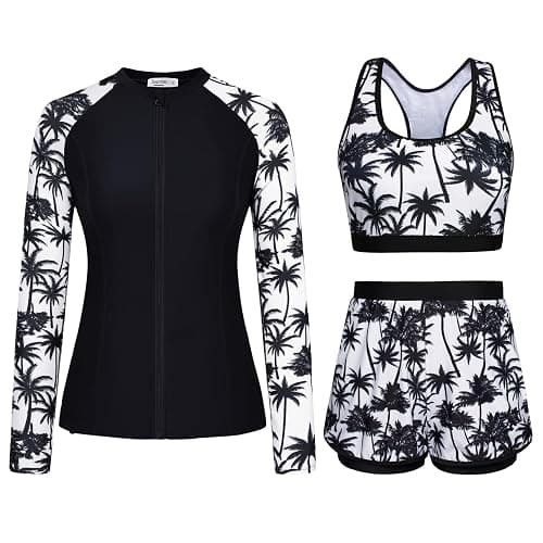 JASAMBAC Women's 3 Piece Rash Guard Long Sleeve Swimsuits with Boyshorts Zip Up UPF 50+ Swim Shirt Built in Bra - Large - White-black Coconut Palm - Image 1