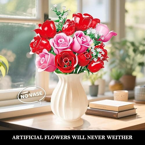 HOGOKIDS Flowers Bouquet Building Set with Lights - 16 Roses Bouquet Botanical Building Blocks Artificial Pink Roses Flower for Home Decor Christmas Birthday Gifts for Girls Adults - 387PCS (Pink) thumbnail 3