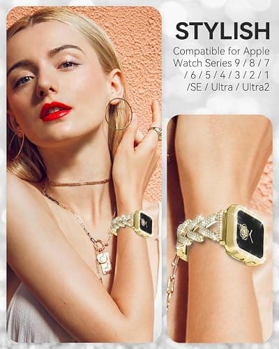Rhinestones Encrusted Metal Bracelet and Case, Compatible with Apple Watch Bands 38mm-49mm (Series 10/1/SE/Ultra 2)- Bling Gold Women's Jewelry Strap, Luxury iWatch Bracelet with Screen Protector thumbnail 6