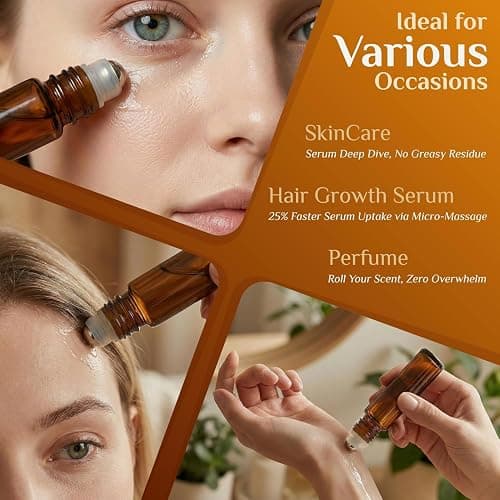 PrettyCare 60 Pack, 10 ml Essential Oil Roller Bottles with Stainless Steel Roller Ball - Bulk Refillable Leak-proof Empty Thick Amber Glass Roll on Bottles with Metal Caps for Travel, Perfume thumbnail 8