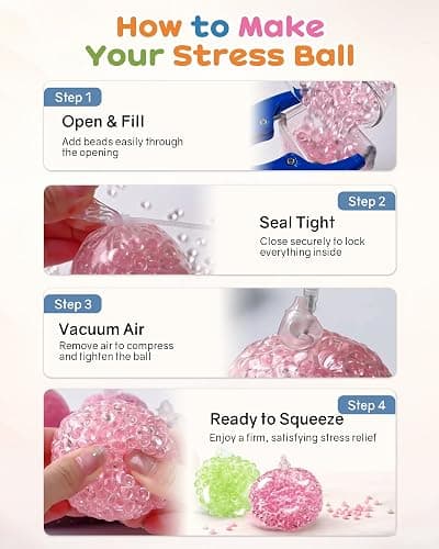 DIY Stress Ball Making Kit with 14.1 oz Filler, 16 TPR Skins, Vacuum Tool, 20 Cable Tie for Create ASMR Anxiety Relief Toys Crunchy Relaxing for Adult thumbnail 6
