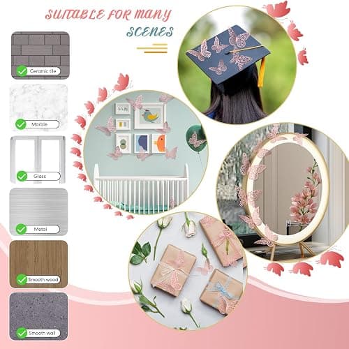 3D Pink Butterfly Wall Decor 3 Sizes 4 Styles Butterfly Party Decorations Cake Decorations Removable Stickers Wall Decor Room Mural Metallic Kids (Pink, 48Pcs) thumbnail 6