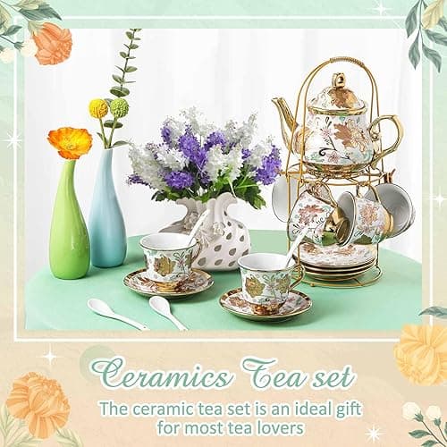 Zhehao 20 Pcs Porcelain Tea Set with Metal Holder and Spoon Adult Ceramic Tea Party Set European Flower Painting Teapot Cup Saucer Spoon Set for Women, Large Version(Elegant Style) thumbnail 7