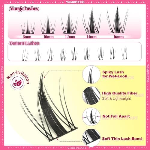 Yawamica Fairy Lash Clusters DIY Eyelash Extensions Manga Eyelash Clusters C Curly Spiky Anime Lashes Wispy Individual Lashes 8-16mm with 5-6mm Bottom Lashes Clusters for Manga Lash look (Fairy) thumbnail 4