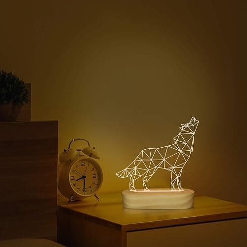 Wolves Gifts,3D Optical Illusion Wolf Lamp Animal LED Night Light for Kids Boys Men Bedroom Decoration,USB Power Warm White Color Table Lamps,Yellow thumbnail 3