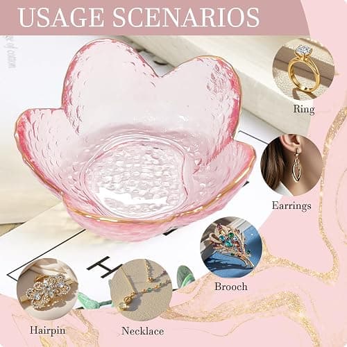 Gifts for Women Pink Flower Ring Dish Glass Jewelry Dish Jewelry Tray Cute Vanity Organizer Room Decor Aesthetic Nightstand Bathroom Decor Trinket Dish Ring Holder Dish Jewellery Tray Valentine's Gift thumbnail 9