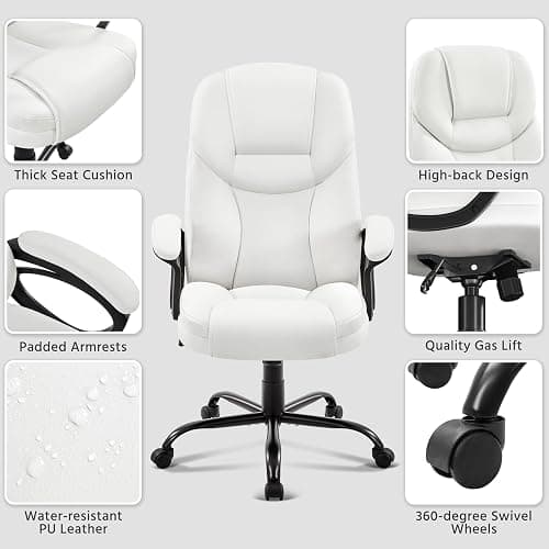 Yaheetech PU Leather High Back Office Chair Executive Ergonomic Desk Chair Swivel Computer Chair with Armrests, Adjustable Height, Home Office, White thumbnail 8